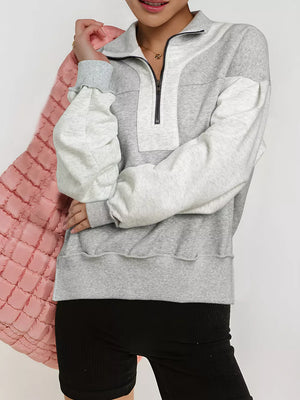 Light Gray Half Zipper Collared Drop Shoulder Sweatshirt