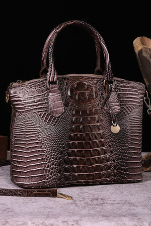 Exotic Crocodile Satchel bag in Brown/Black with embossed texture and gold hardware.