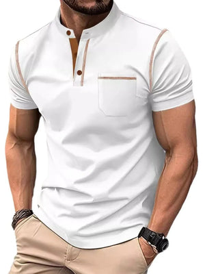 White polo shirt with contrast stitching, mandarin collar, and chest pocket.