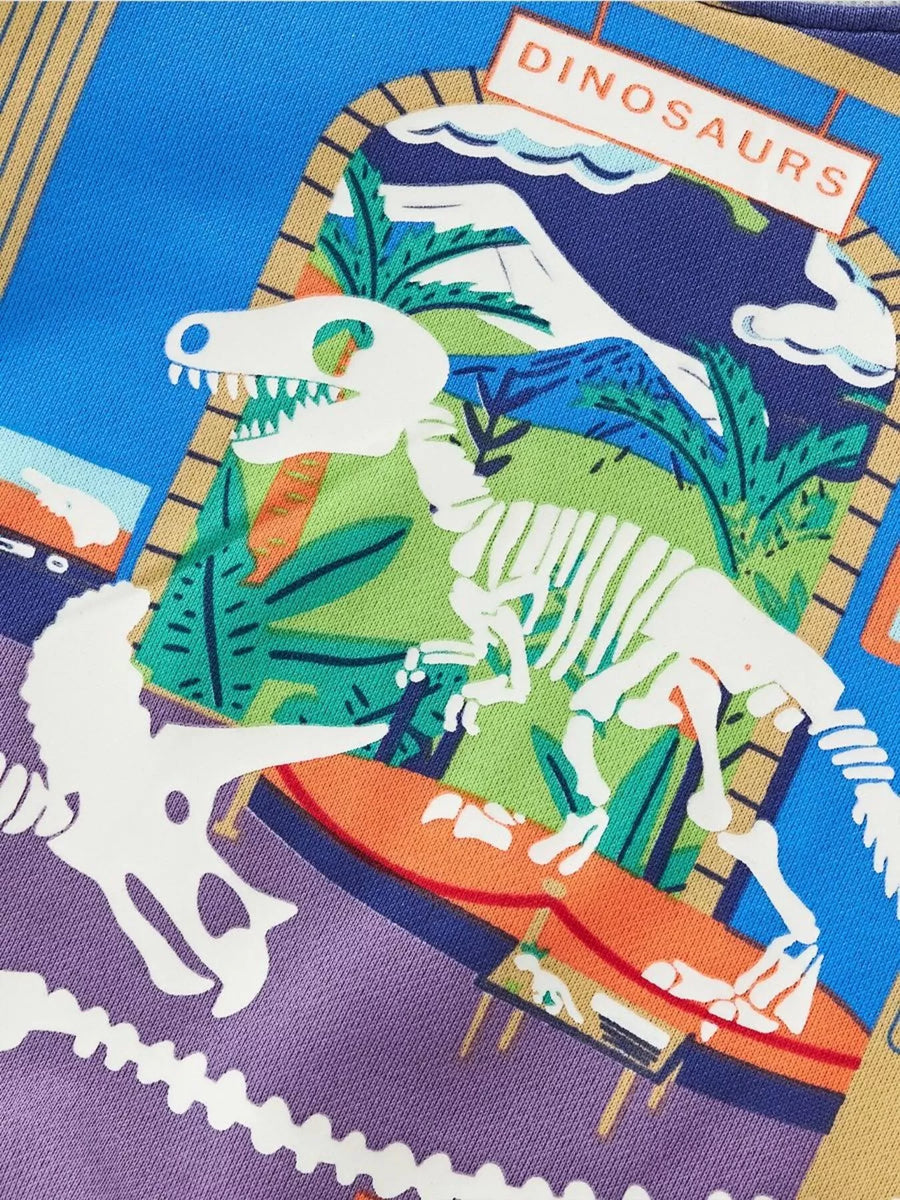 Baby sweatshirt with a colorful dinosaur museum graphic print.