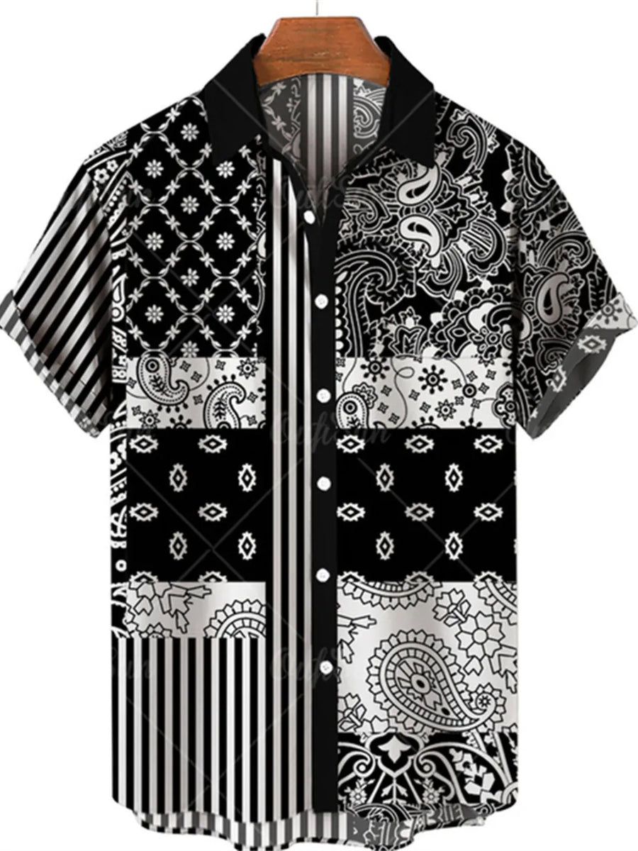 Black Men's Plus Size Printed Button Up Short Sleeve Shirt