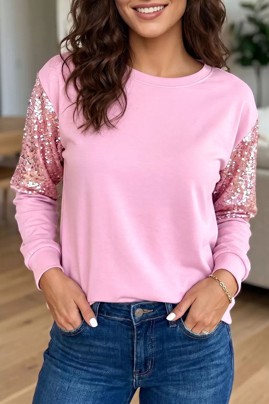 Long Sleeve Sequin Round Neck Pullover Shirt option 4