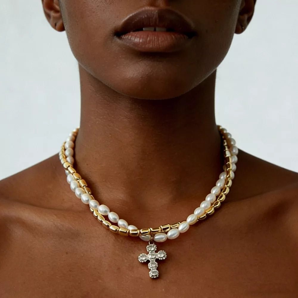 Elegant Pearl Alloy Necklace With Rhinestone Cross Pendant in Gold