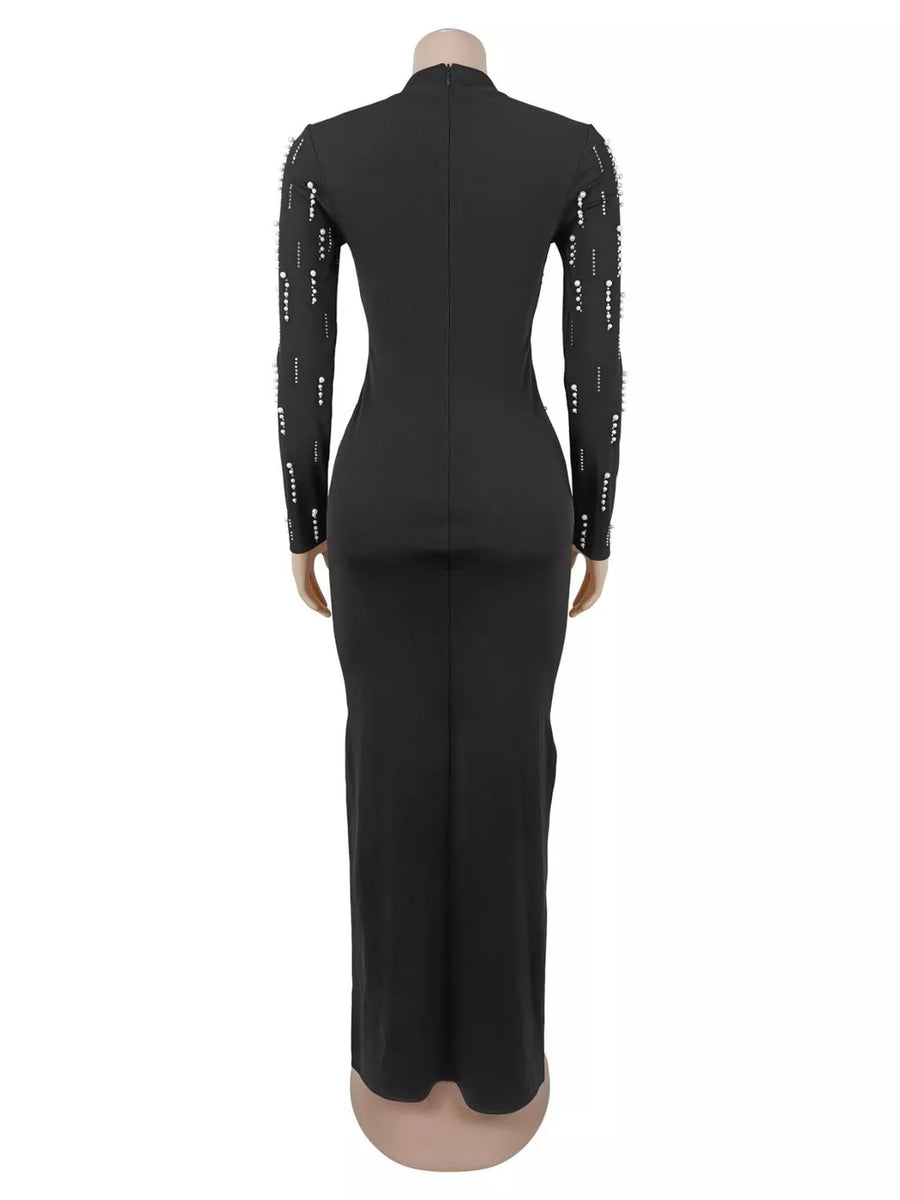 maxi dress in black with rhinestone embellishment and maxi