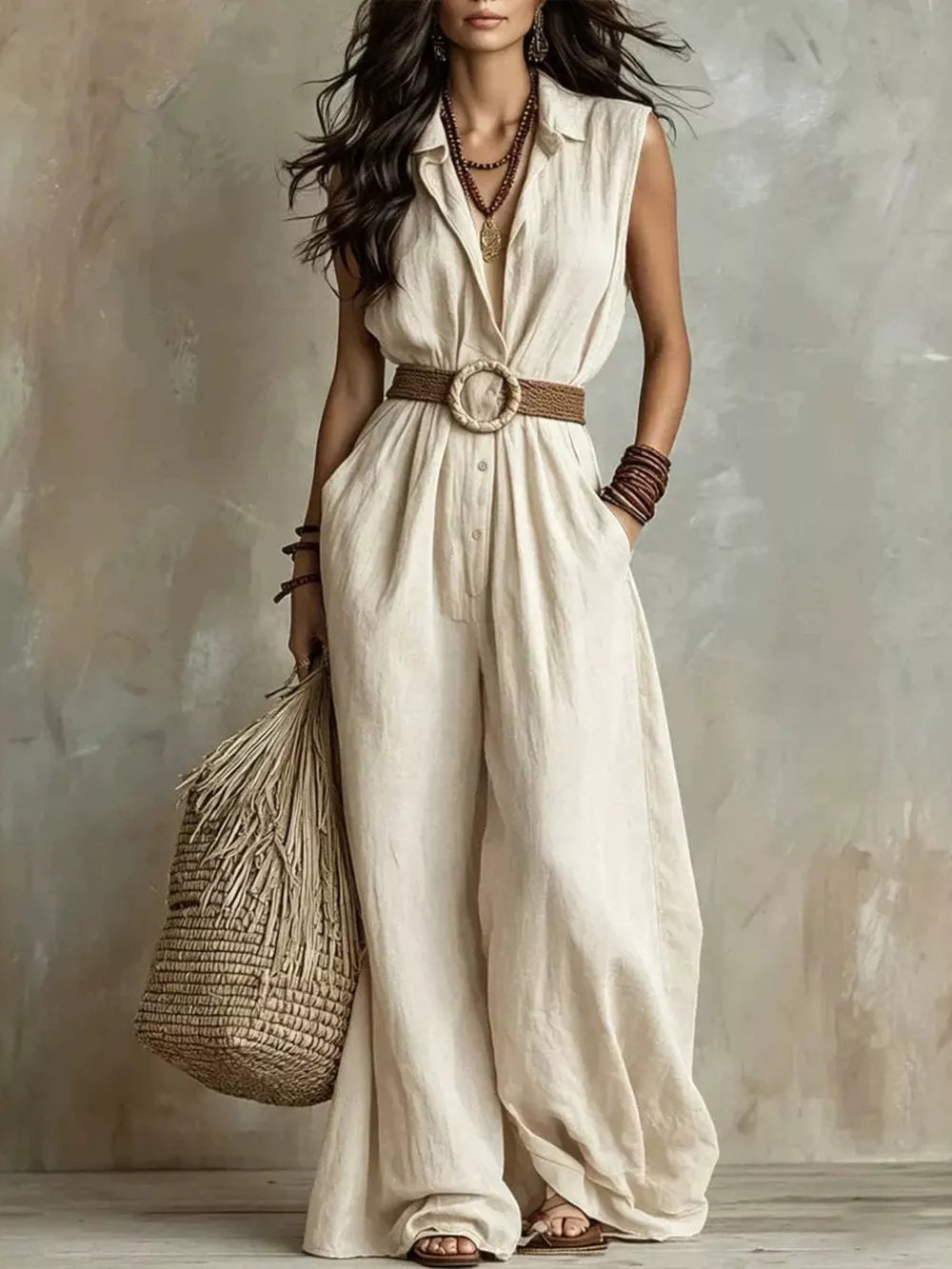 White Full Size Sleeveless Wide Leg Jumpsuit Plus Size