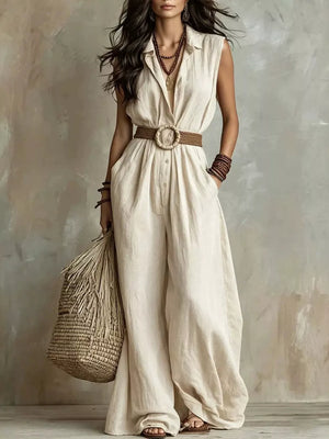 White Full Size Sleeveless Wide Leg Jumpsuit Plus Size