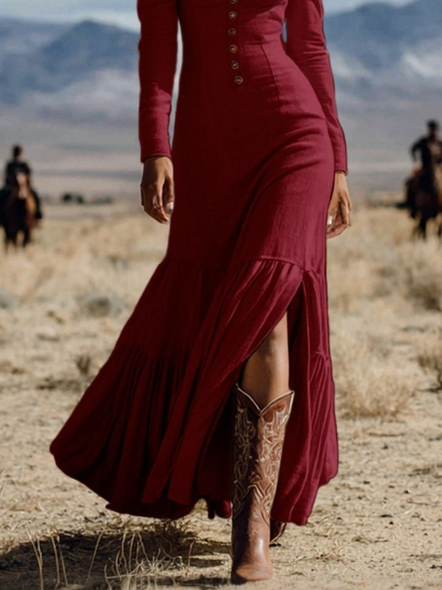 Long sleeve maxi dress in wine red with button detail and a high slit, styled with cowboy boots.