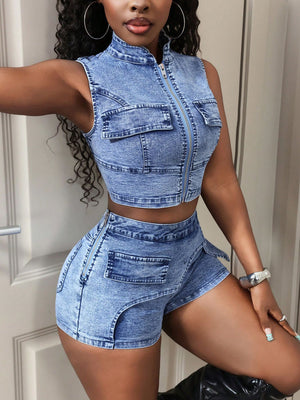 streetwear denim shorts set in light wash denim blue with mock neck