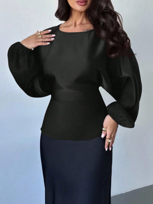 white blouse with elastic cuffs and bishop sleeve