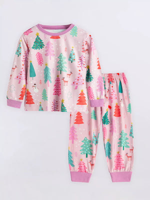 Baby pajama set in light yellow with Christmas trees, snowmen, and deer print. Long sleeves, crew neck, elastic waist pants.