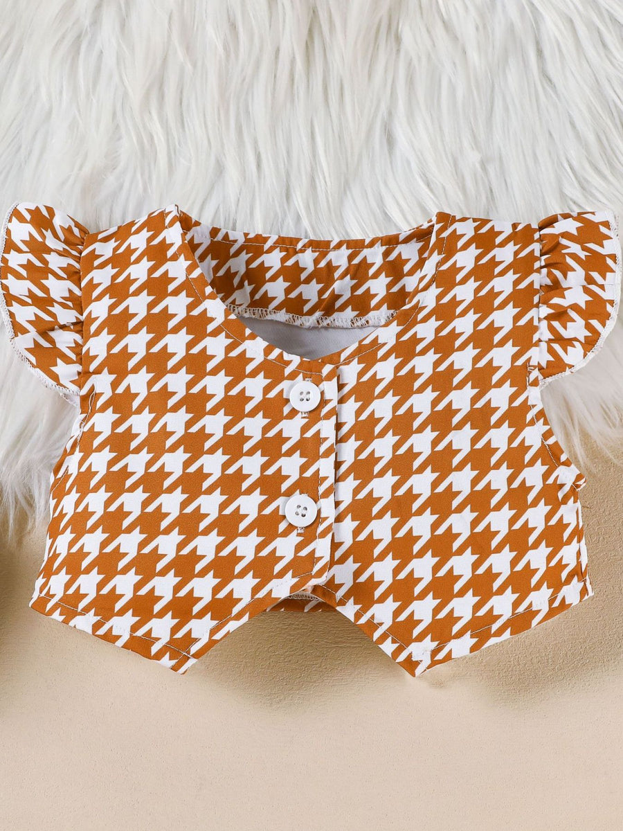 Toddler vest with houndstooth pattern, flutter sleeves, and button front.