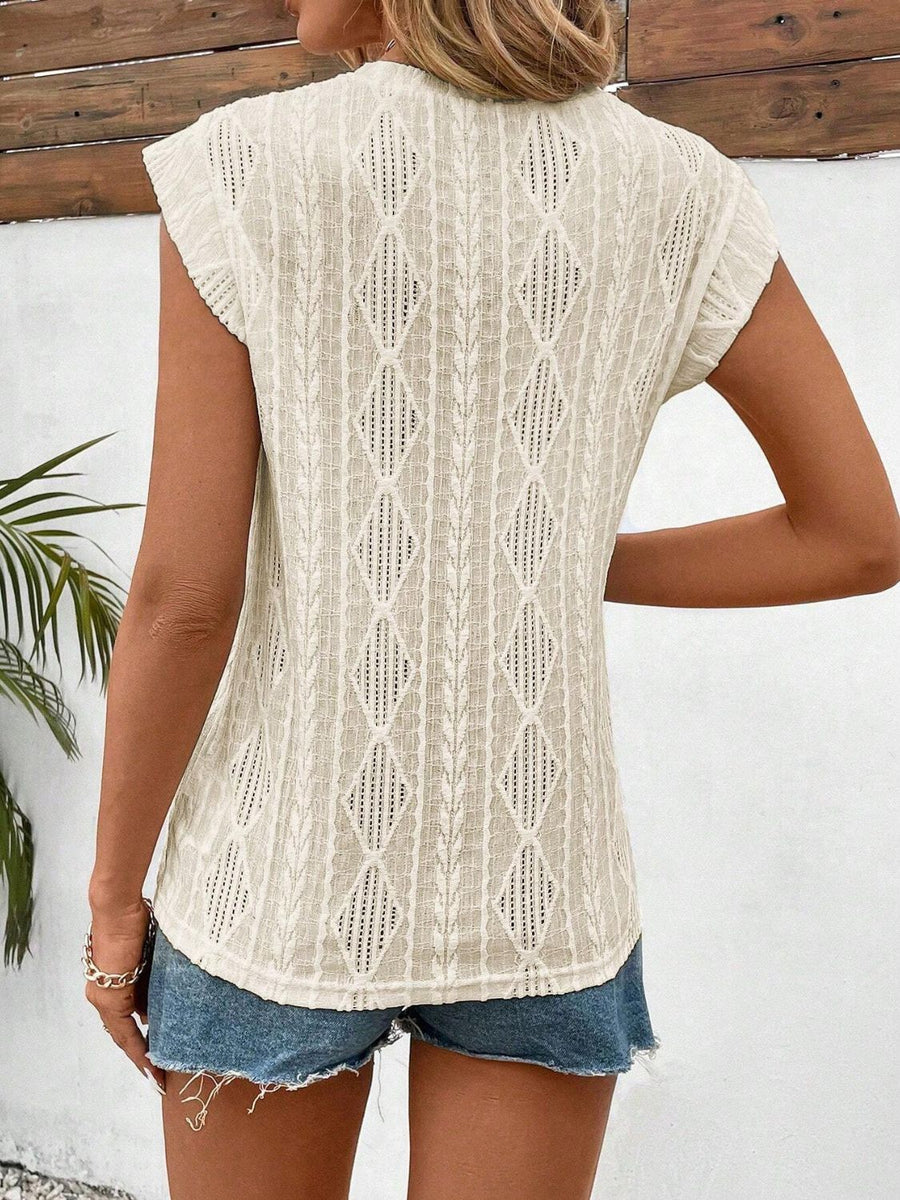 Beige diamond knit flutter sleeve top with open weave detail