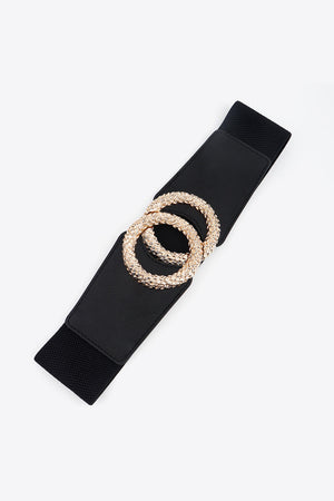Black elasticated waist belt with textured gold double ring buckle detail.