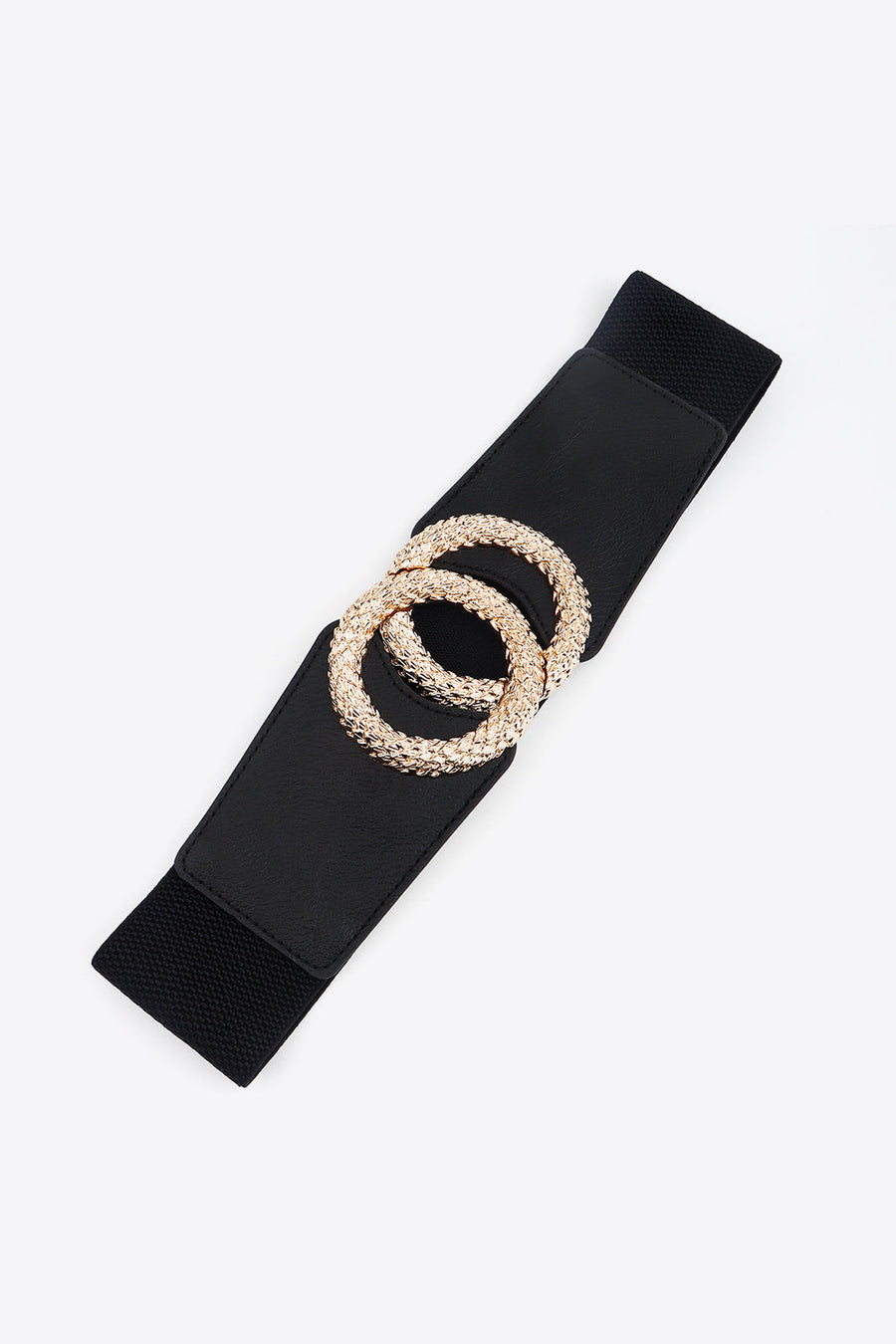 Black elasticated waist belt with textured gold double ring buckle detail.