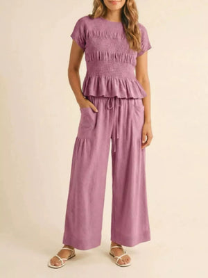 Cream White Smocked Peplum Top And Wide-leg Pants Set