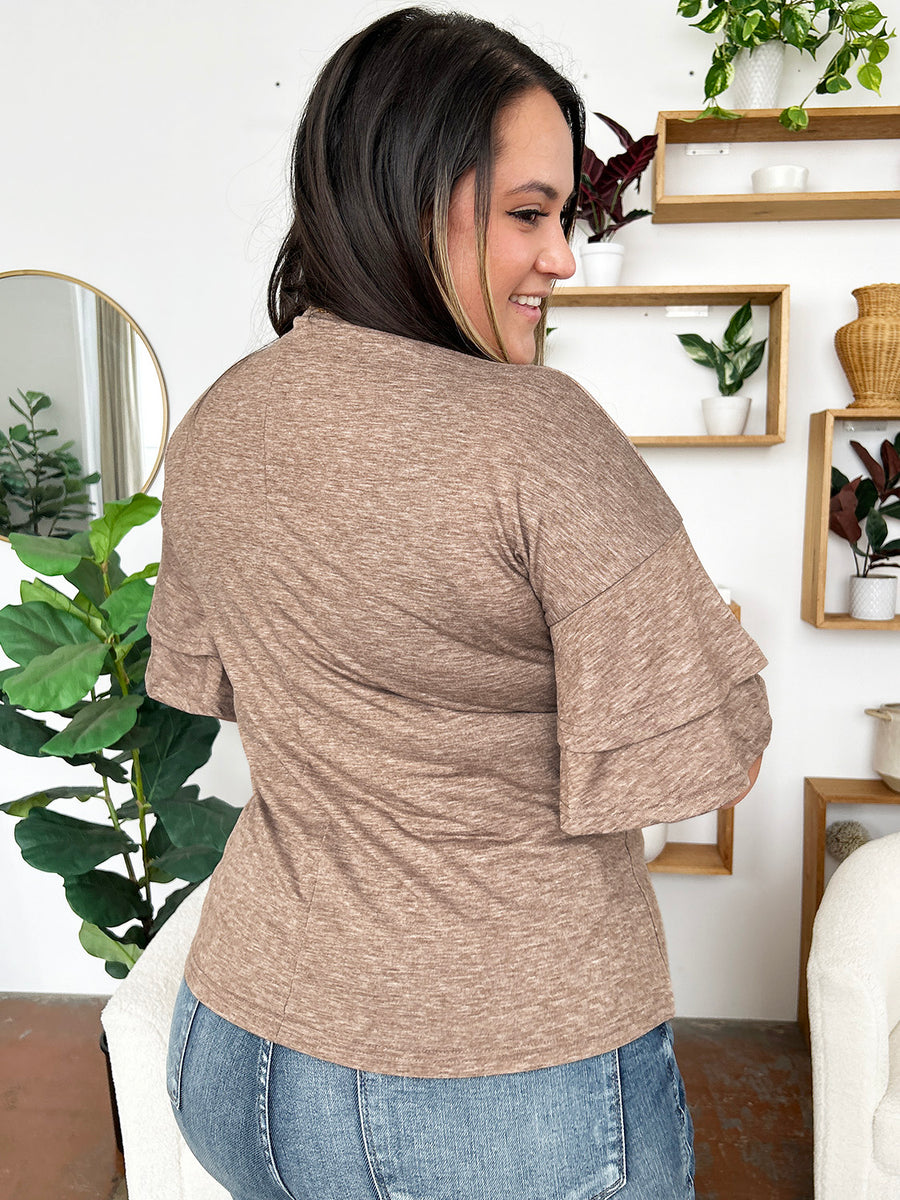 Tiered sleeve jersey tee in mocha with a relaxed fit and crew neck.