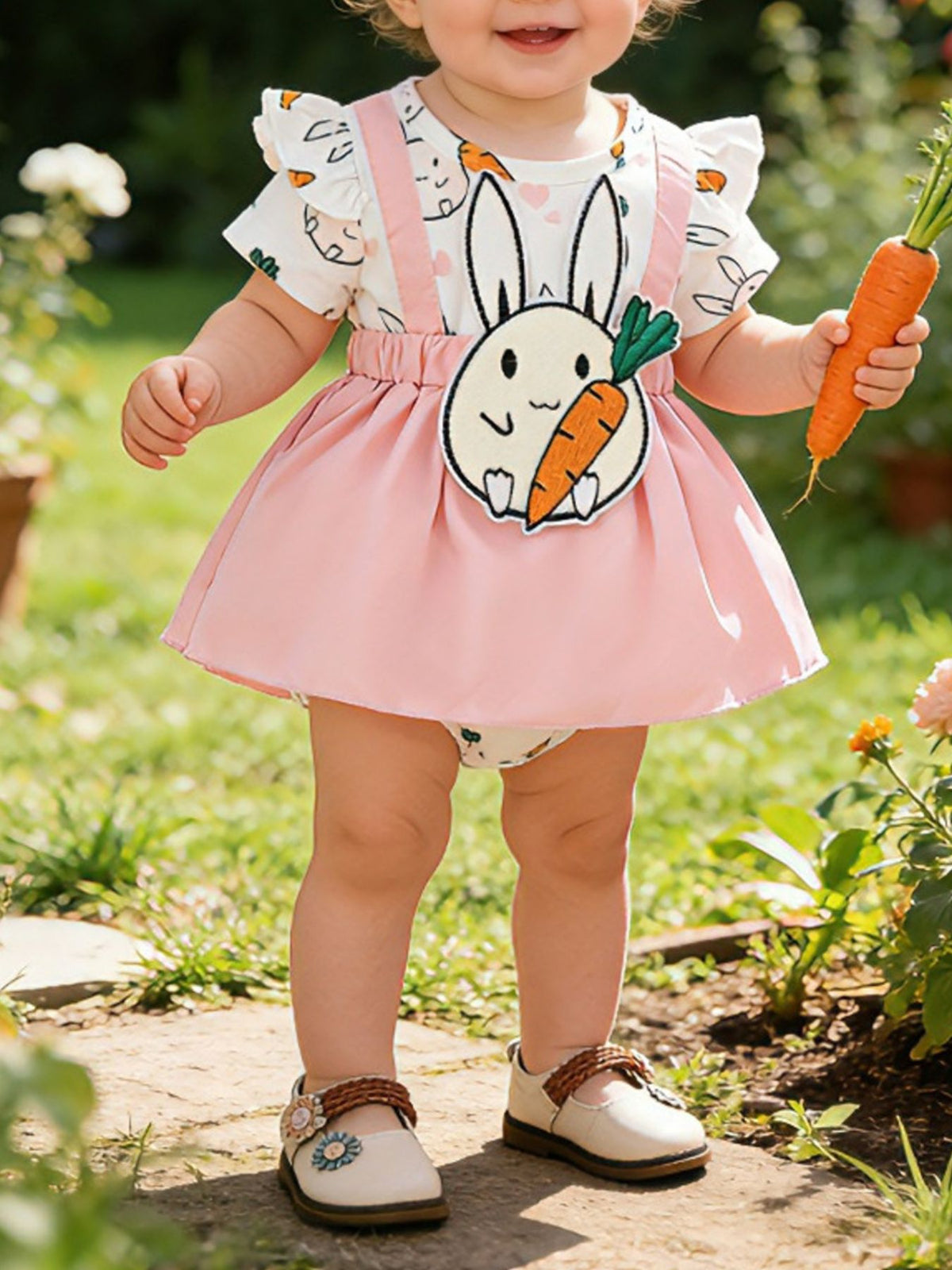 Baby dress with bunny applique and carrot detail, pink skirt, white ruffled sleeves, and bunny print bodysuit.