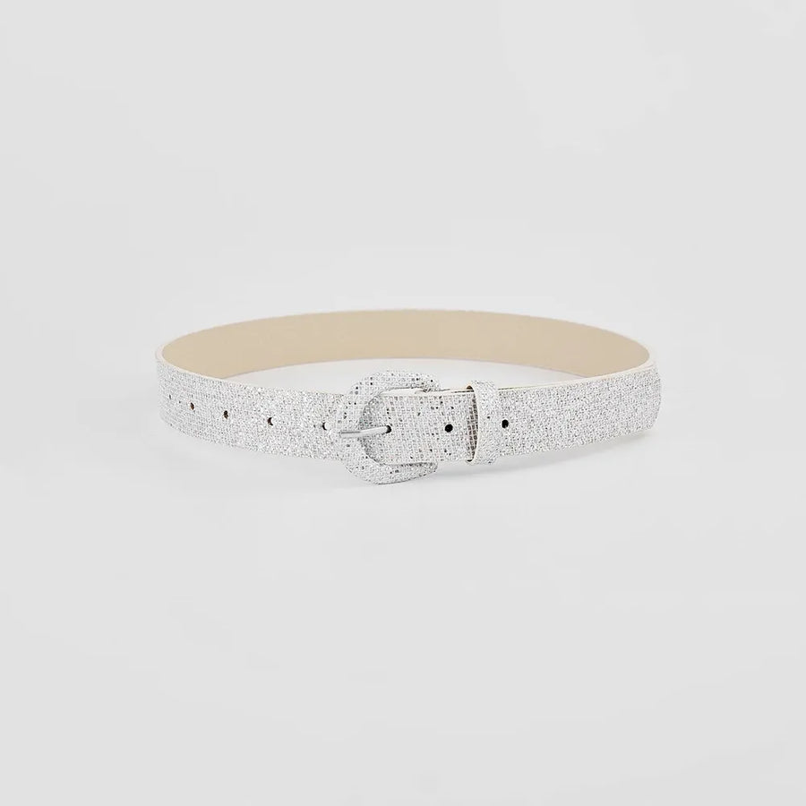 Silver glitter micro-studded belt with a matching buckle