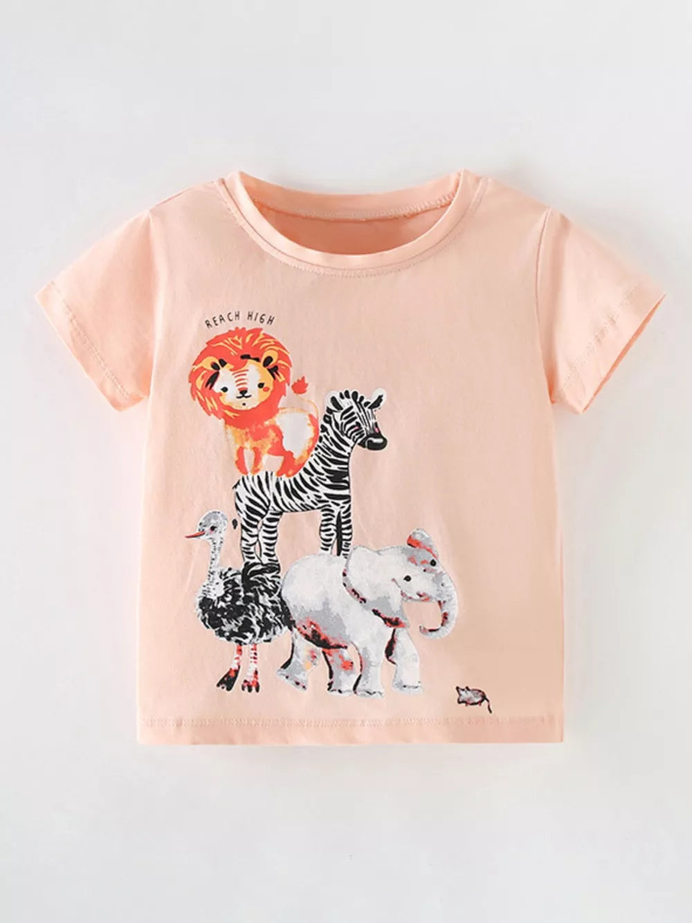 Peach cotton t-shirt with a playful animal graphic featuring a lion, zebra, ostrich, and elephant.