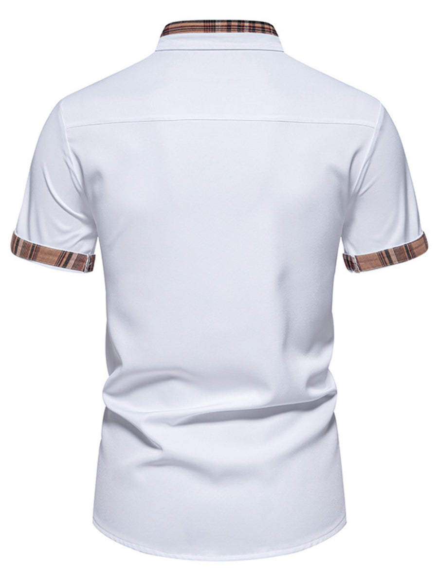 White cotton short sleeve shirt with plaid collar and cuffs