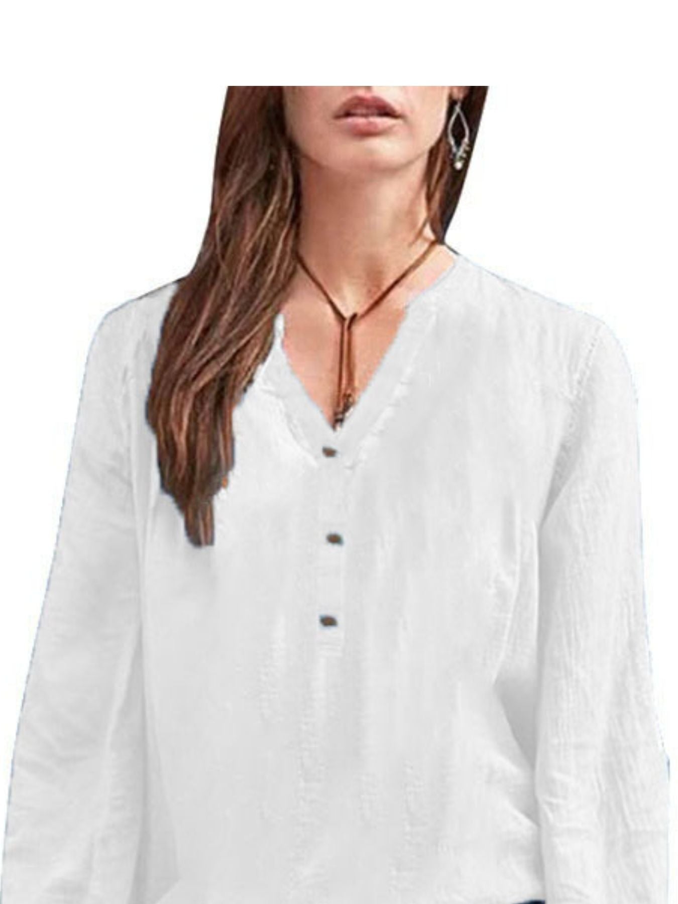 White long-sleeve blouse with notched neckline and button detail