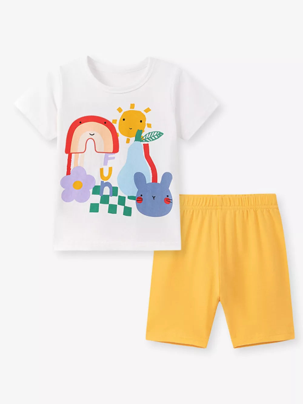 White cotton graphic tee with bunny, rainbow, and sun print, paired with yellow shorts.