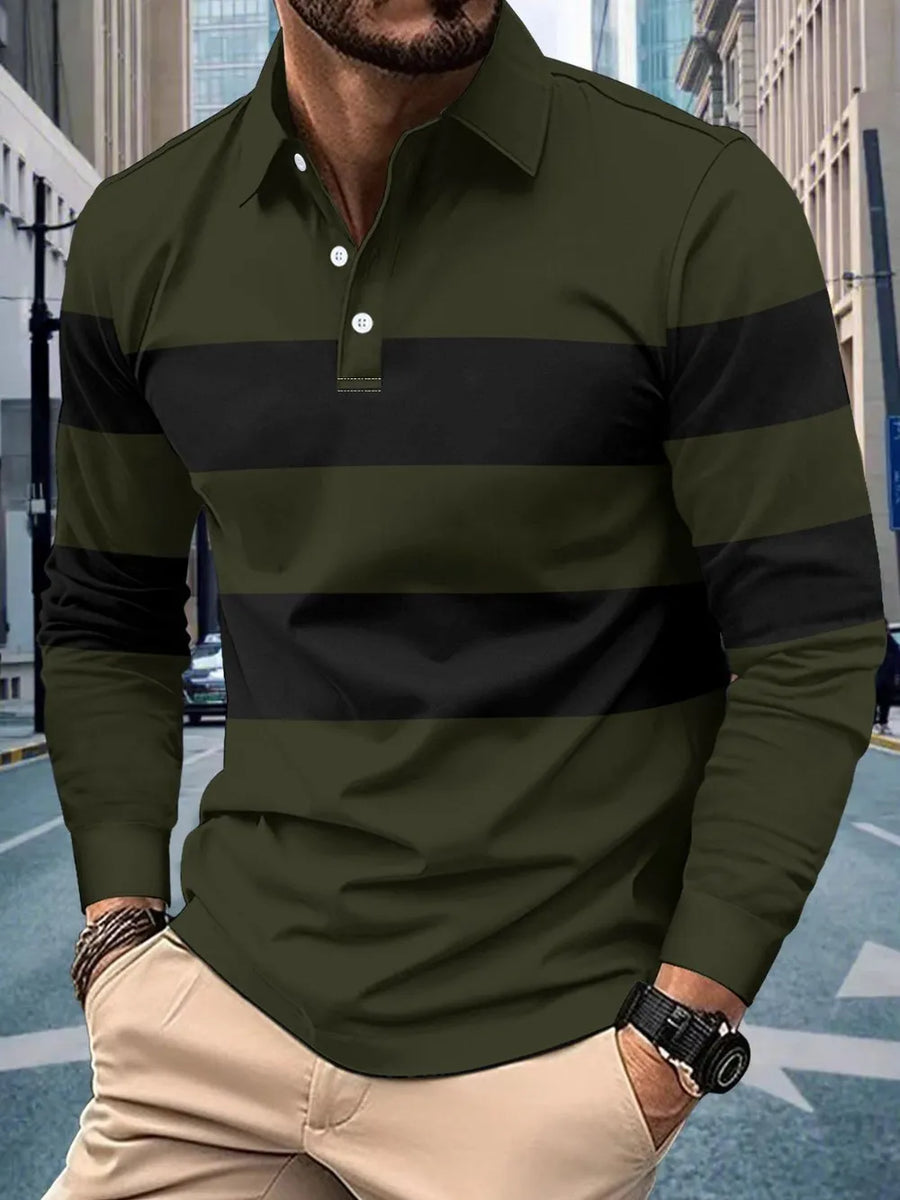 Long sleeve polo shirt with horizontal black and olive stripes and a button-up collar.