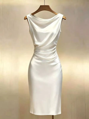 White satin cowl neck midi dress with ruched waist detail