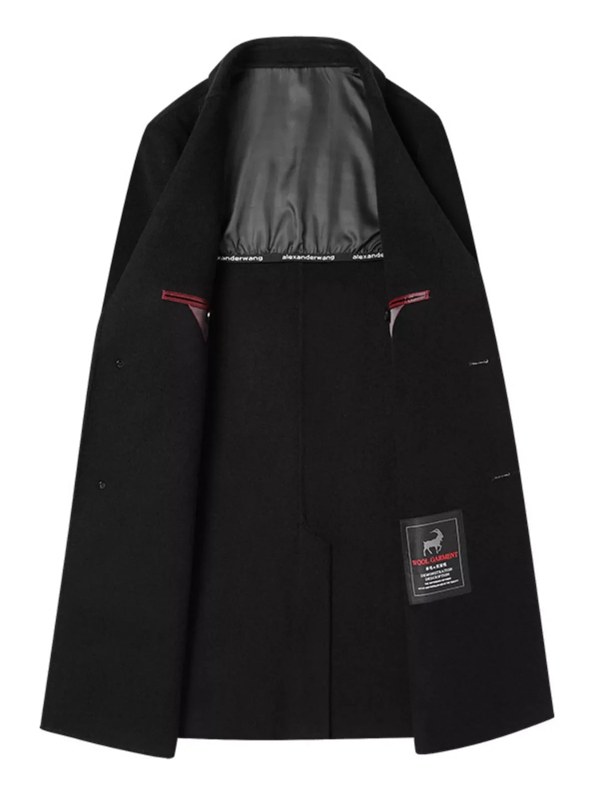 Black wool blend overcoat with satin lining and interior pockets.