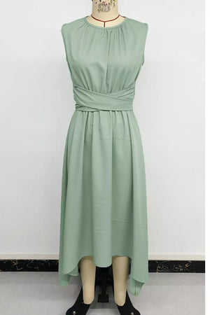 Elegant mint green high-low a-line dress with ruched waist and sleeveless design
