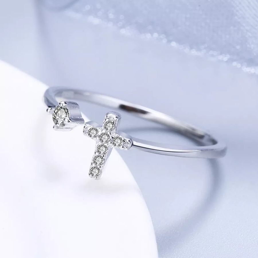 Adjustable Open Cross 925 Sterling Silver Zircon Ring in silver with adjustable