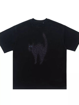 Black cotton t-shirt with a rhinestone cat graphic and crew neck.
