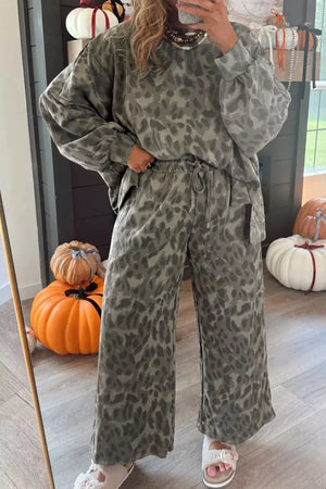 pajama set in tan with crew neck and long sleeve