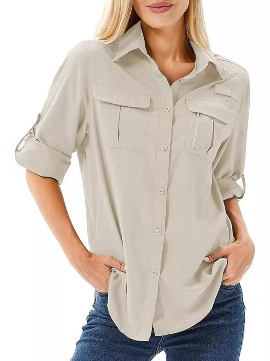 Light Gray roll-up sleeve button-up shirt with chest pockets and zip detail.
