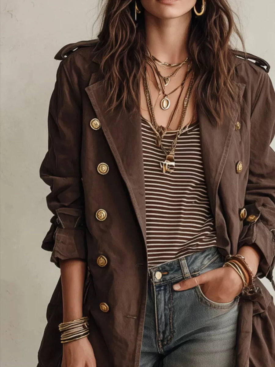 Dark Brown trench coat with hip-length and button-front