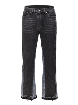 Two-tone dark wash denim bootcut jeans with raw hem