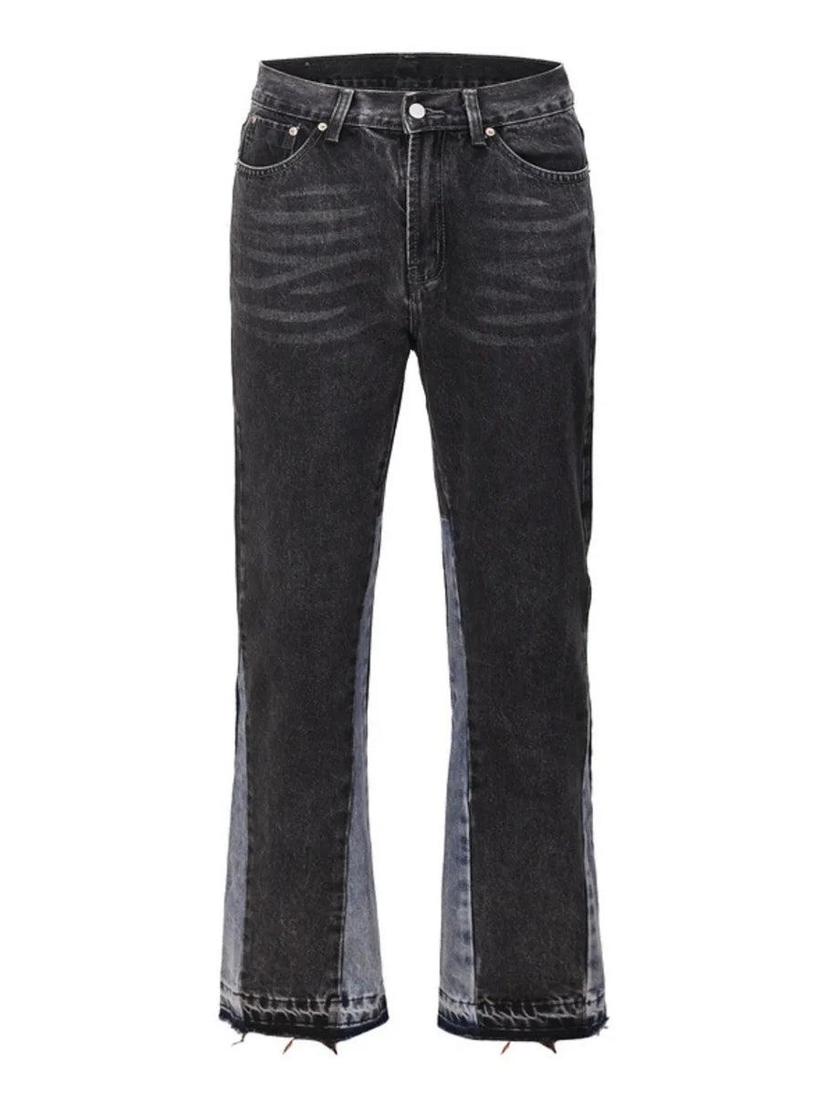 Two-tone dark wash denim bootcut jeans with raw hem