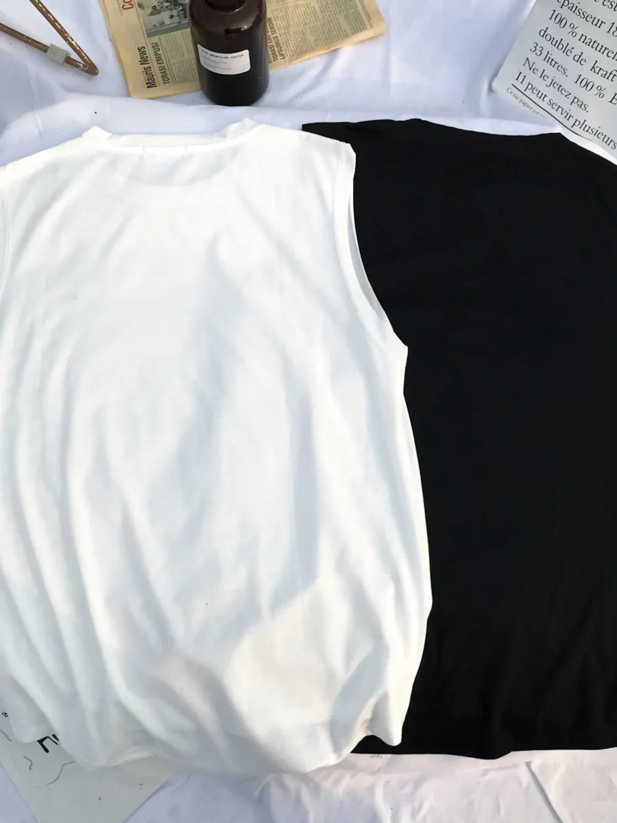 Men's white and black graphic comic print tank tops, crew neck, sleeveless.