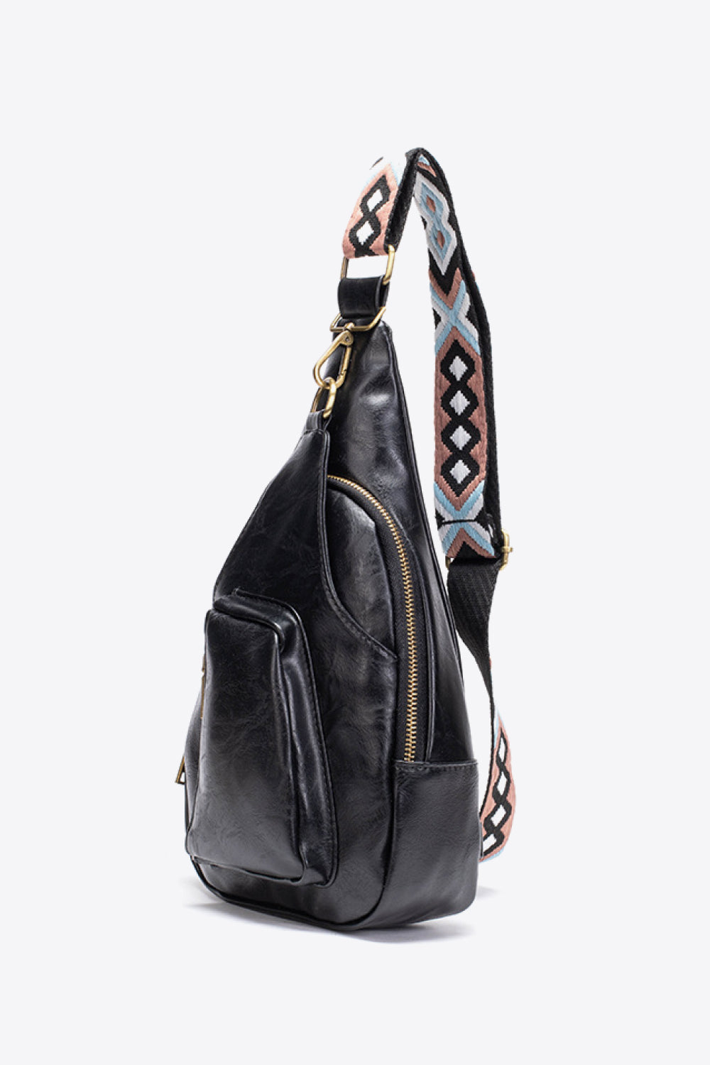 Black textured sling bag with woven strap detail and adjustable strap.