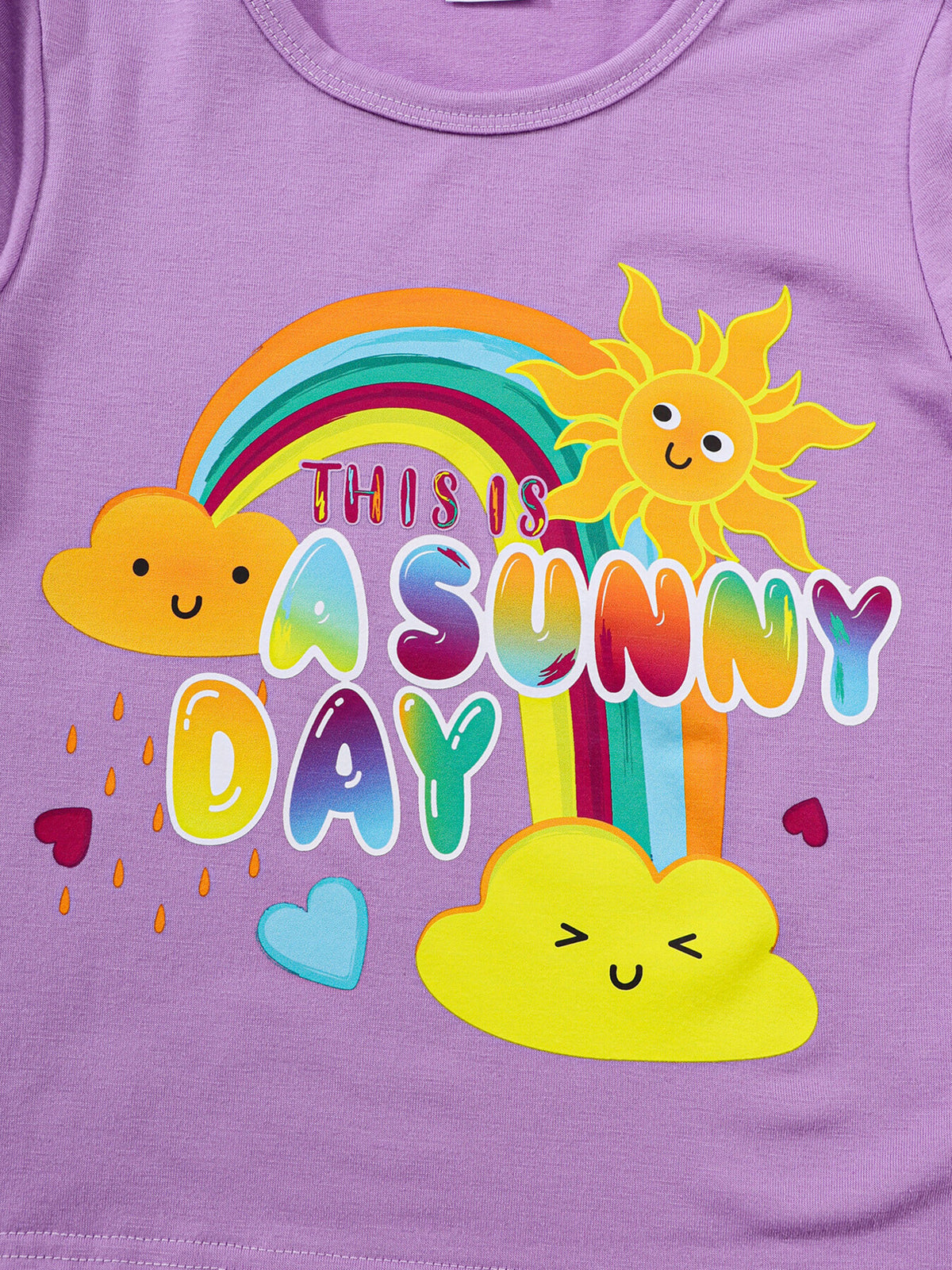 Girls' graphic tee in lavender with a rainbow, sun, and "This is a Sunny Day" text.