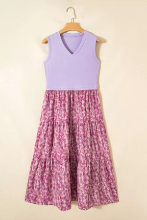 Floral tiered maxi dress with ribbed lavender V-neck bodice and pink floral print skirt.