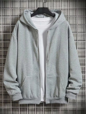 Gray zip-up hoodie with drawstring hood and front pockets, layered over a white t-shirt.