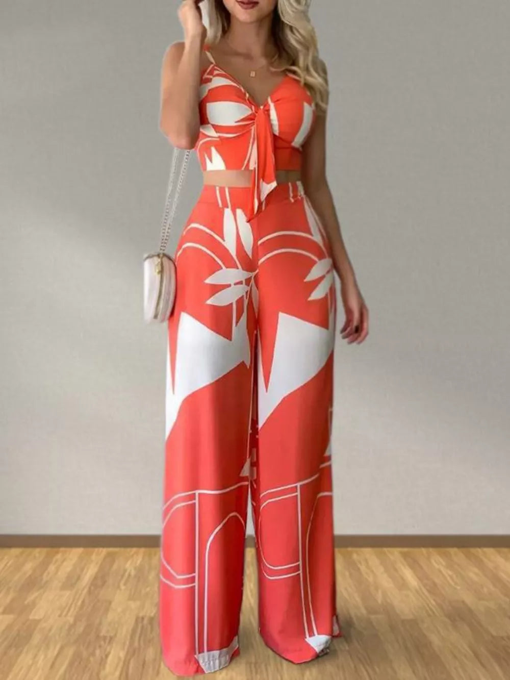 Orange tropical print V-neck crop top with tie front and wide-leg pants set