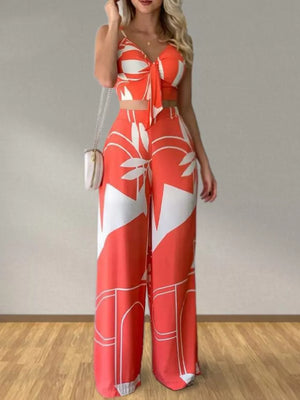 Orange tropical print V-neck crop top with tie front and wide-leg pants set