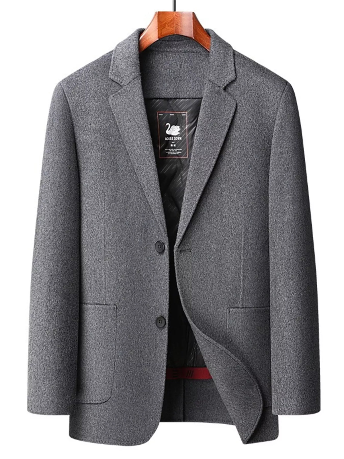 Men's gray wool button-up long-sleeve overcoat with notched lapels and two front pockets.