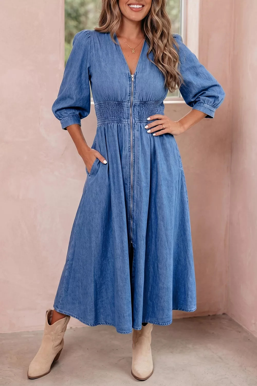 V Neck Shirred Waist Denim Midi Dress option 3