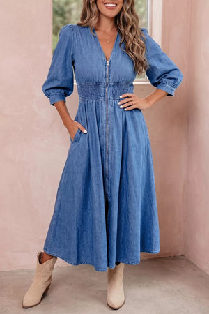 V Neck Shirred Waist Denim Midi Dress option 3