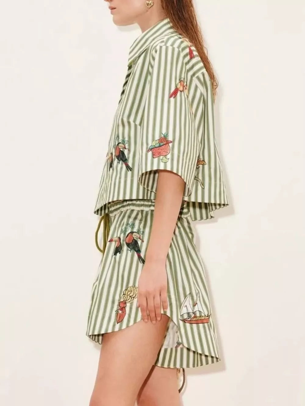 ivory shirt and shorts set featuring drawstring waist and striped
