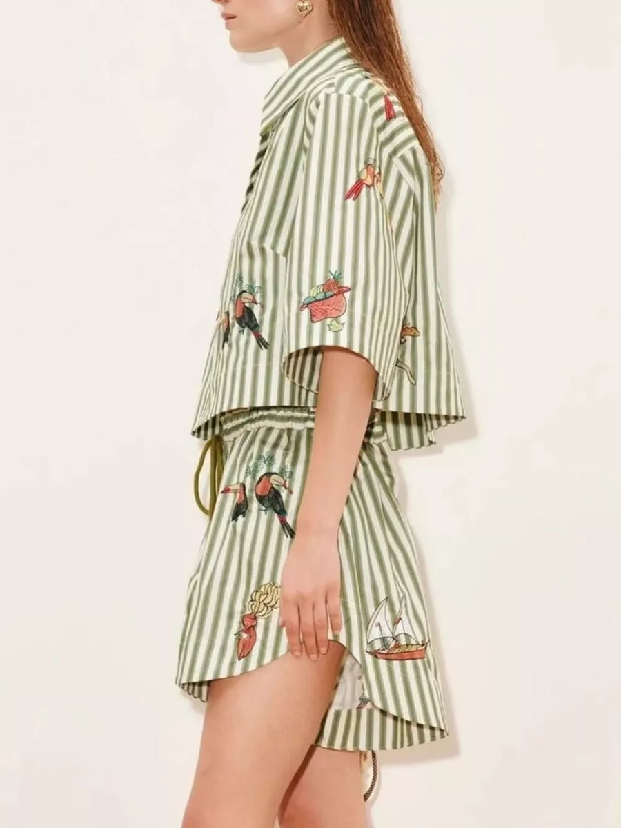 ivory shirt and shorts set featuring drawstring waist and striped