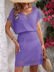 Perforated knit V-neck cover-up dress in Blue Purple with short sleeves and smocked waist.